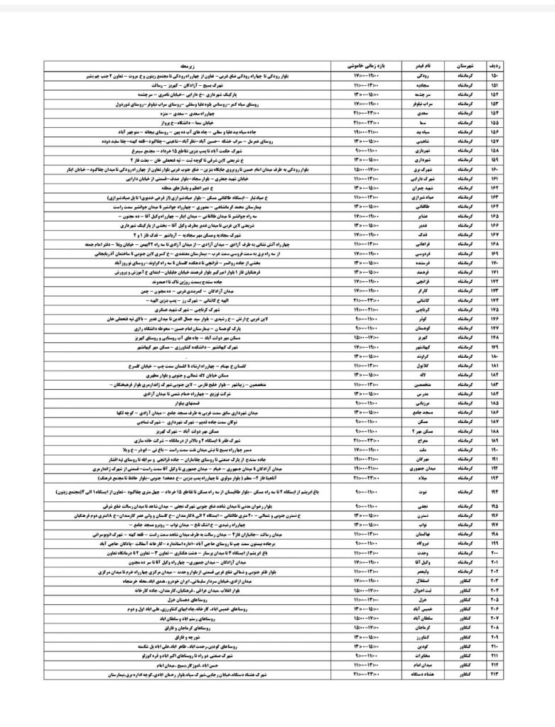 جدول قطعی برق کرمانشاه امروز چهارشنبه 15 مرداد 1404
