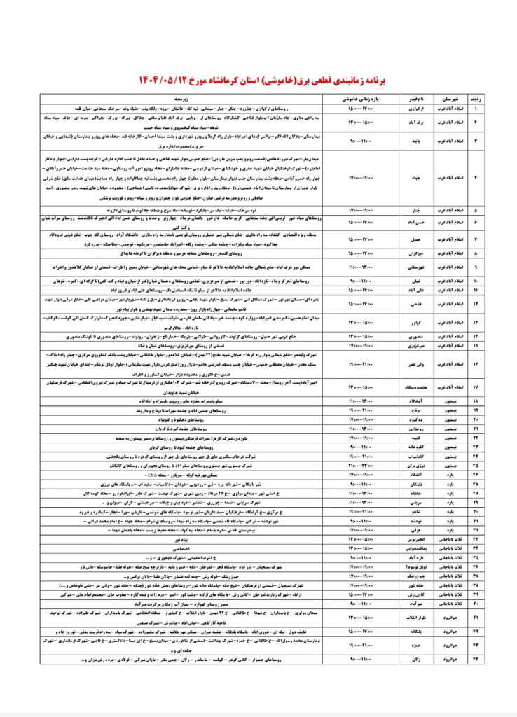 جدول قطعی برق کرمانشاه امروز یکشنبه 12 مرداد 1404