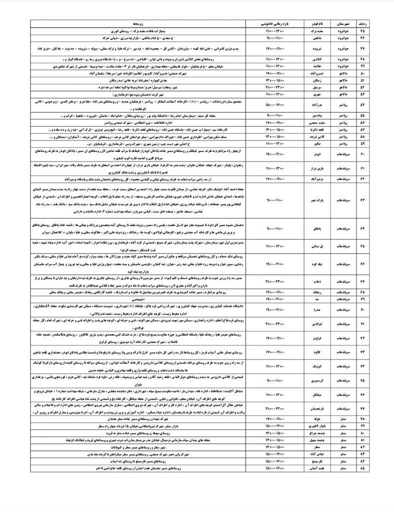 جدول قطعی برق کرمانشاه امروز یکشنبه 12 مرداد 1404