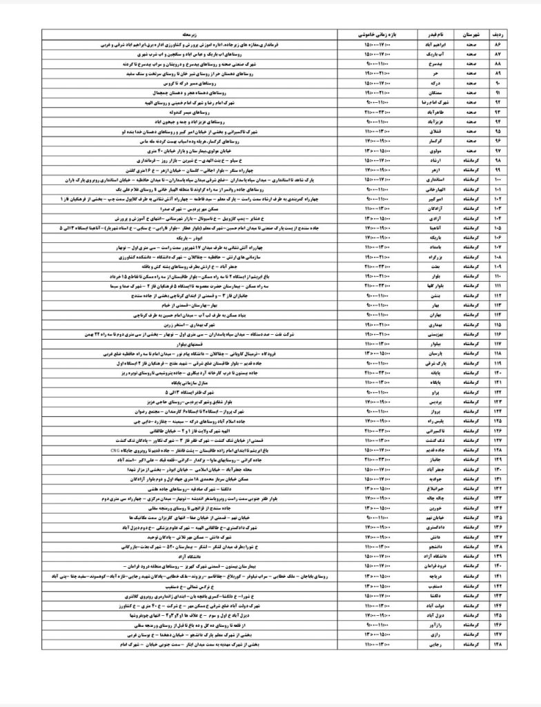 جدول قطعی برق کرمانشاه امروز یکشنبه 12 مرداد 1404