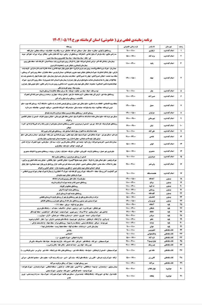 جدول قطعی برق کرمانشاه امروز یکشنبه 19 مرداد 1404 جدول قطعی برق کرمانشاه امروز یکشنبه 19 مرداد 1404
