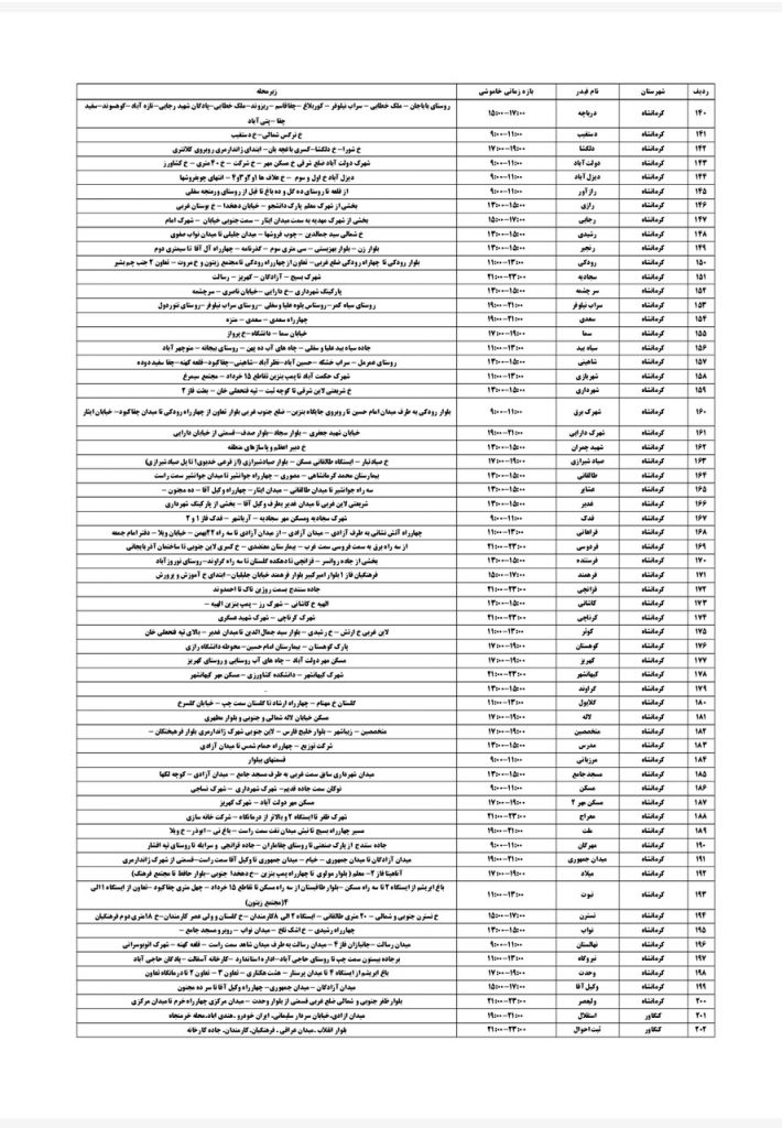 جدول قطعی برق کرمانشاه امروز یکشنبه 19 مرداد 1404