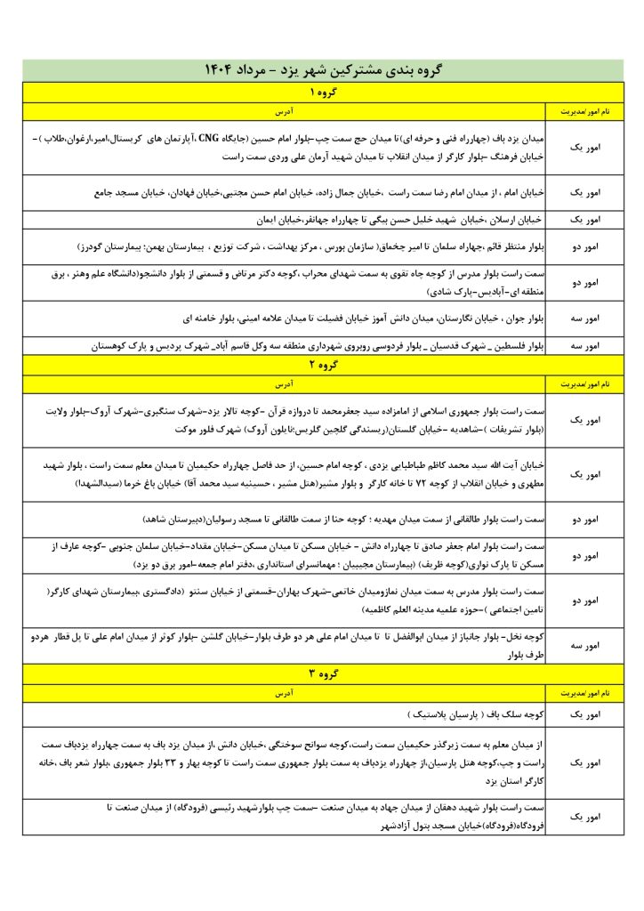 جدول قطعی برق یزد امروز سه شنبه 4 شهریور 1404