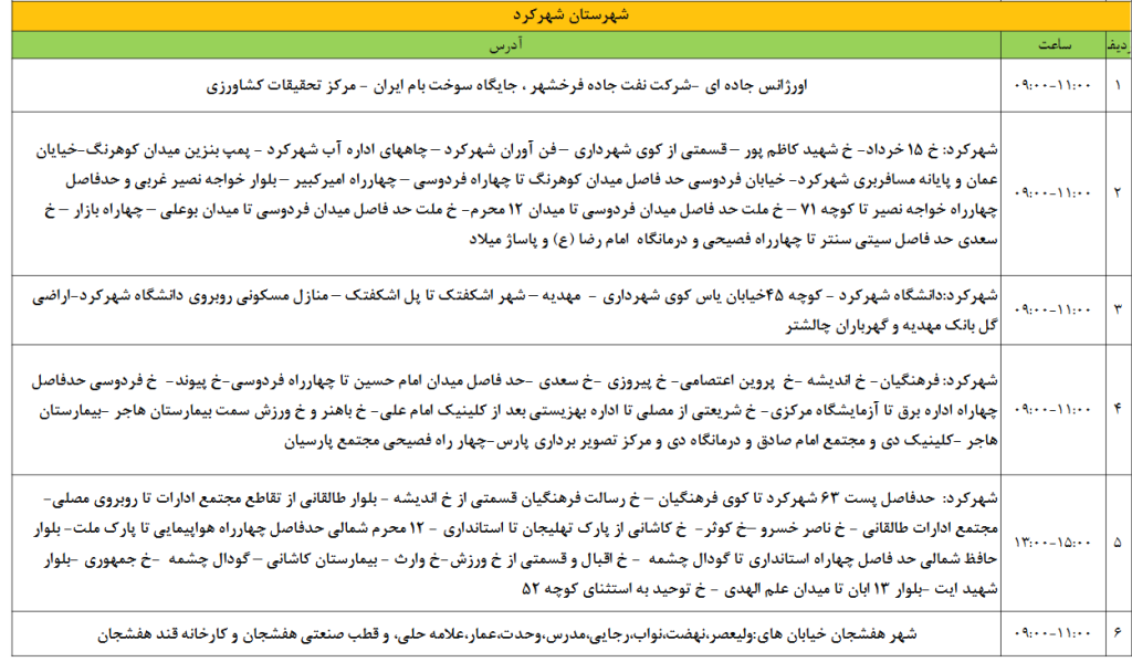 جدول قطعی برق شهرکرد امروز دوشنبه 17 شهریور 1404 جدول قطعی برق شهرکرد امروز دوشنبه 17 شهریور 1404