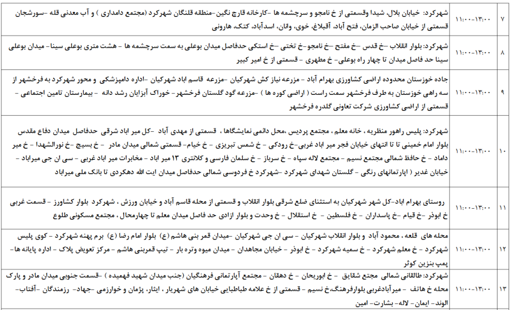 جدول قطعی برق شهرکرد امروز دوشنبه 17 شهریور 1404