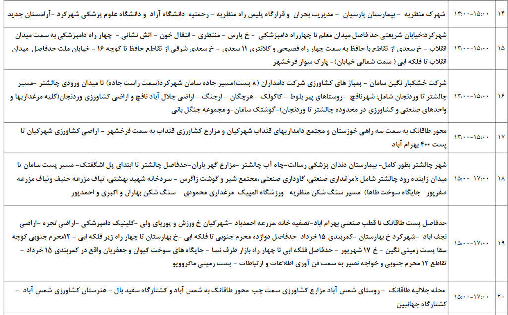 جدول قطعی برق شهرکرد امروز دوشنبه 17 شهریور 1404