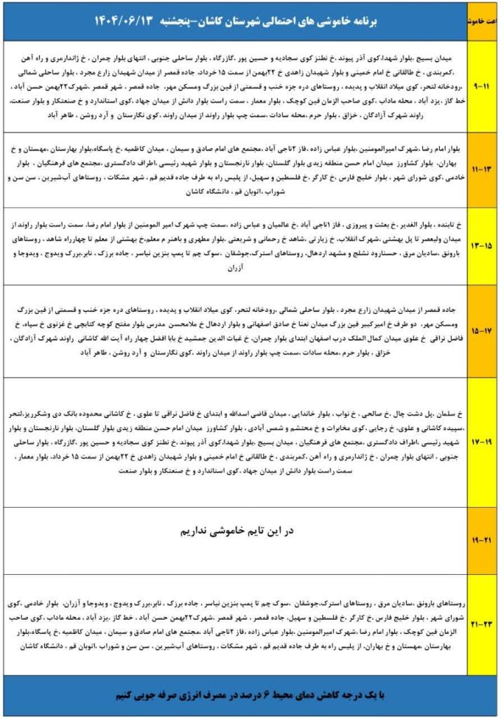 جدول قطعی برق اصفهان امروز پنجشنبه 13 شهریور 1404 برنامه خاموشی شهرستان کاشان پنجشنبه 13 شهریور