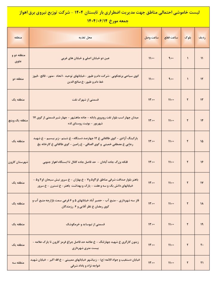 جدول قطعی برق اهواز امروز جمعه 14 شهریور 1404