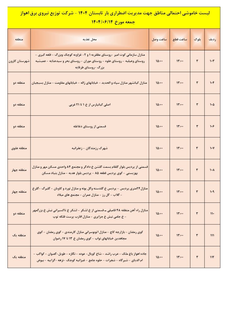 جدول قطعی برق اهواز امروز جمعه 14 شهریور 1404
