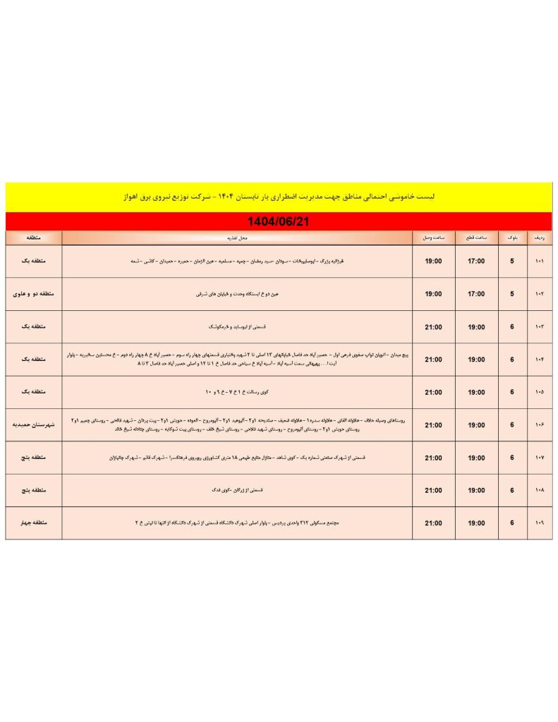 جدول قطعی برق اهواز امروز جمعه 21 شهریور 1404
