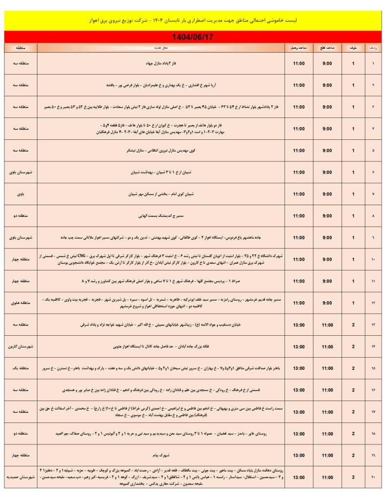 جدول قطعی برق اهواز امروز دوشنبه 17 شهریور 1404