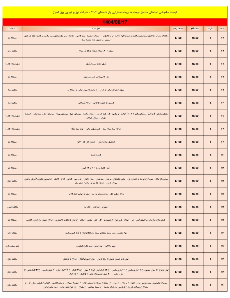 جدول قطعی برق اهواز امروز دوشنبه 17 شهریور 1404