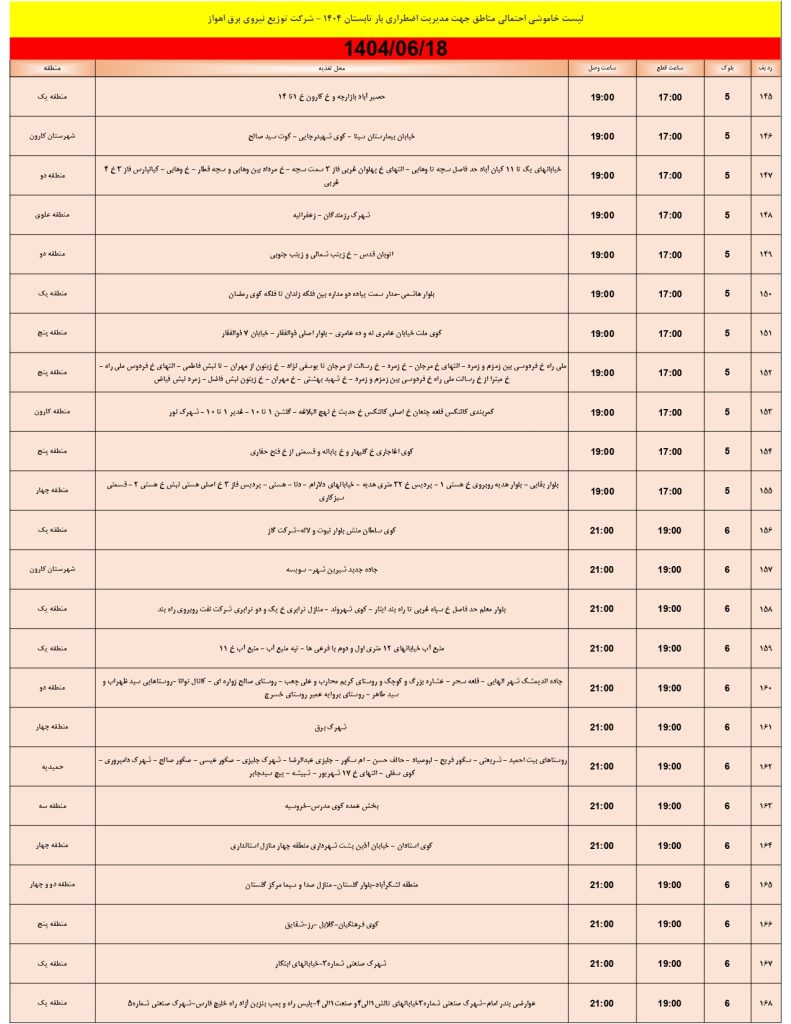 جدول قطعی برق اهواز امروز سه شنبه 18 شهریور 1404