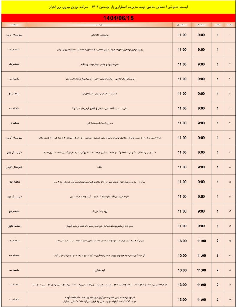 جدول قطعی برق اهواز امروز شنبه 15 شهریور 1404