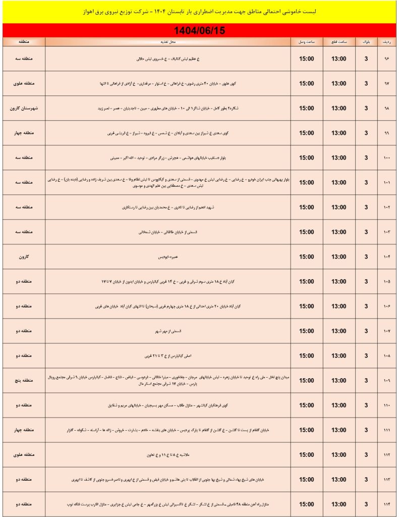 جدول قطعی برق اهواز امروز شنبه 15 شهریور 1404