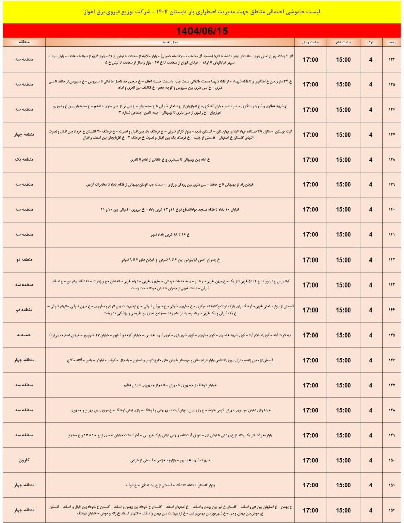 جدول قطعی برق اهواز امروز شنبه 15 شهریور 1404