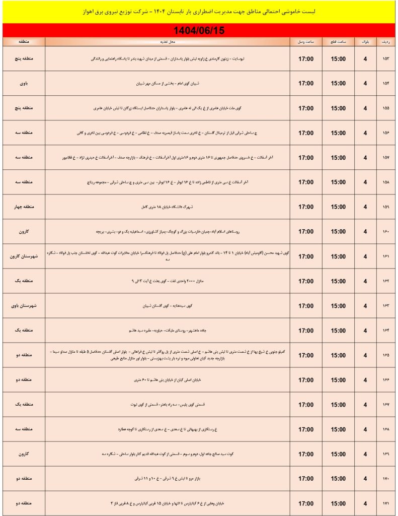 جدول قطعی برق اهواز امروز شنبه 15 شهریور 1404