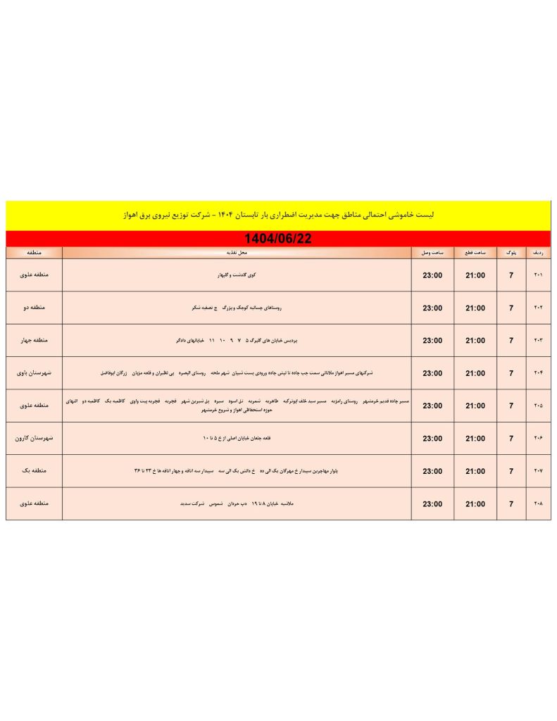 جدول قطعی برق اهواز امروز شنبه 22 شهریور 1404