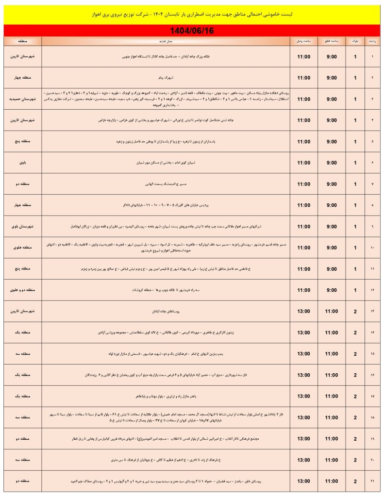 جدول قطعی برق اهواز امروز یکشنبه 16 شهریور 1404