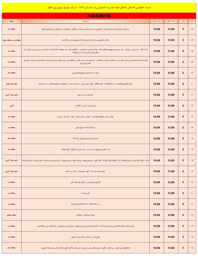 جدول قطعی برق اهواز امروز یکشنبه 16 شهریور 1404