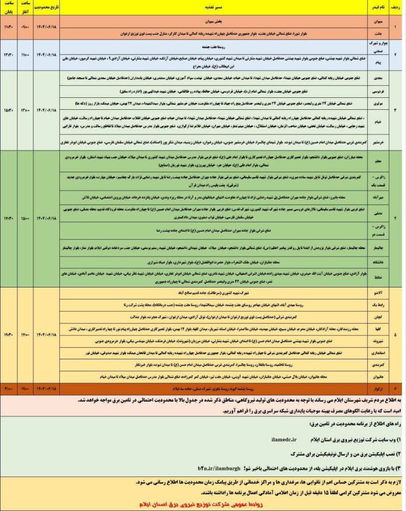جدول قطعی برق ایلام امروز چهارشنبه 19 شهریور 1404 جدول قطعی برق ایلام امروز چهارشنبه 19 شهریور 1404