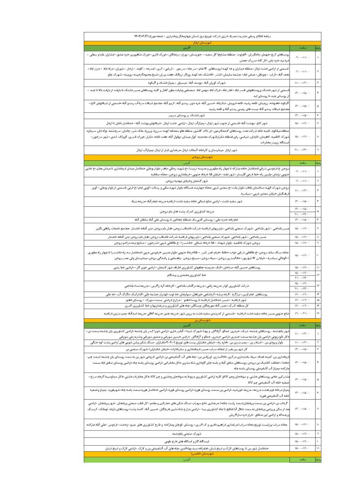 جدول قطعی برق شهرکرد امروز جمعه 21 شهریور 1404