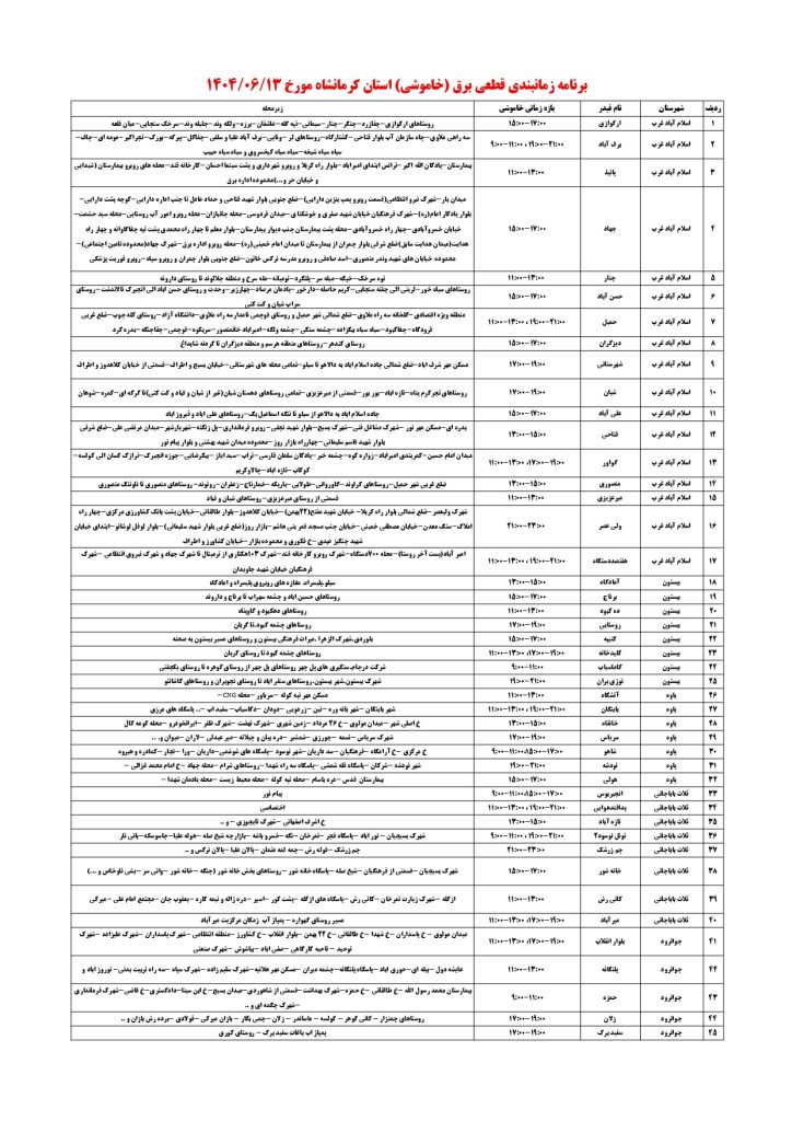 جدول قطعی برق کرمانشاه امروز پنجشنبه 13 شهریور 1404