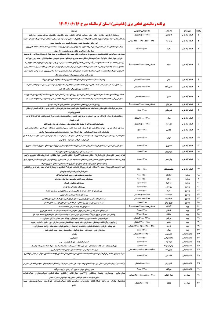 جدول قطعی برق کرمانشاه امروز یکشنبه 16 شهریور 1404 جدول قطعی برق کرمانشاه امروز یکشنبه 16 شهریور 1404