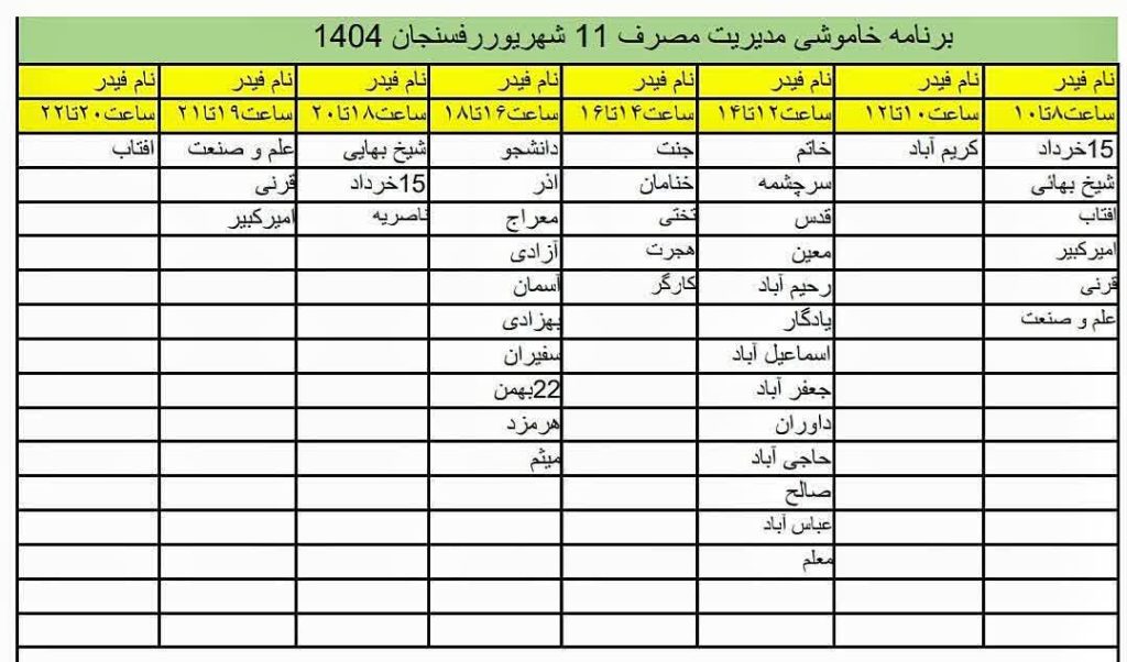 جدول قطعی برق شهرهای استان کرمان امروز سه شنبه 11 شهریور 1404 📣 اطلاعیه قطعی برق در برخی مناطق شهرستان رفسنجان ( 11 شهریور)