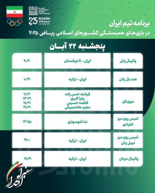 برنامه ورزشکاران ایرانی امروز پنجشنبه 22 آبان در مسابقات کشورهای اسلامی برنامه ورزشکاران ایرانی امروز پنجشنبه 22 آبان