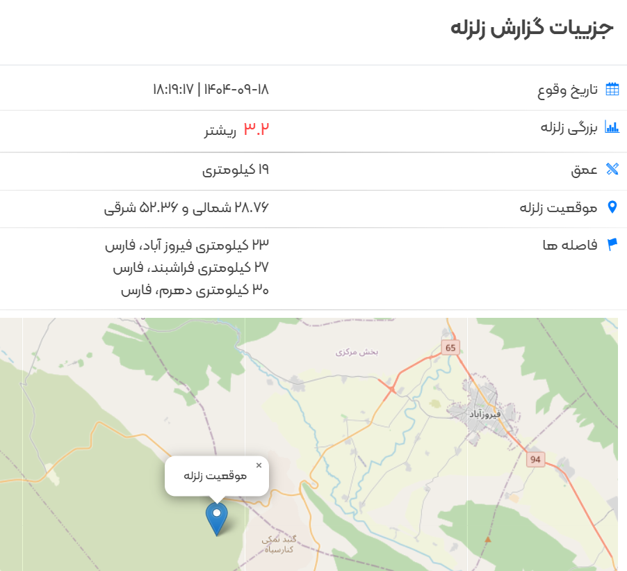 زلزله فیروزآباد استان فارس چند ریشتری بود؟ سه شنبه 18 آذر 1404 زلزله فیروزآباد استان فارس