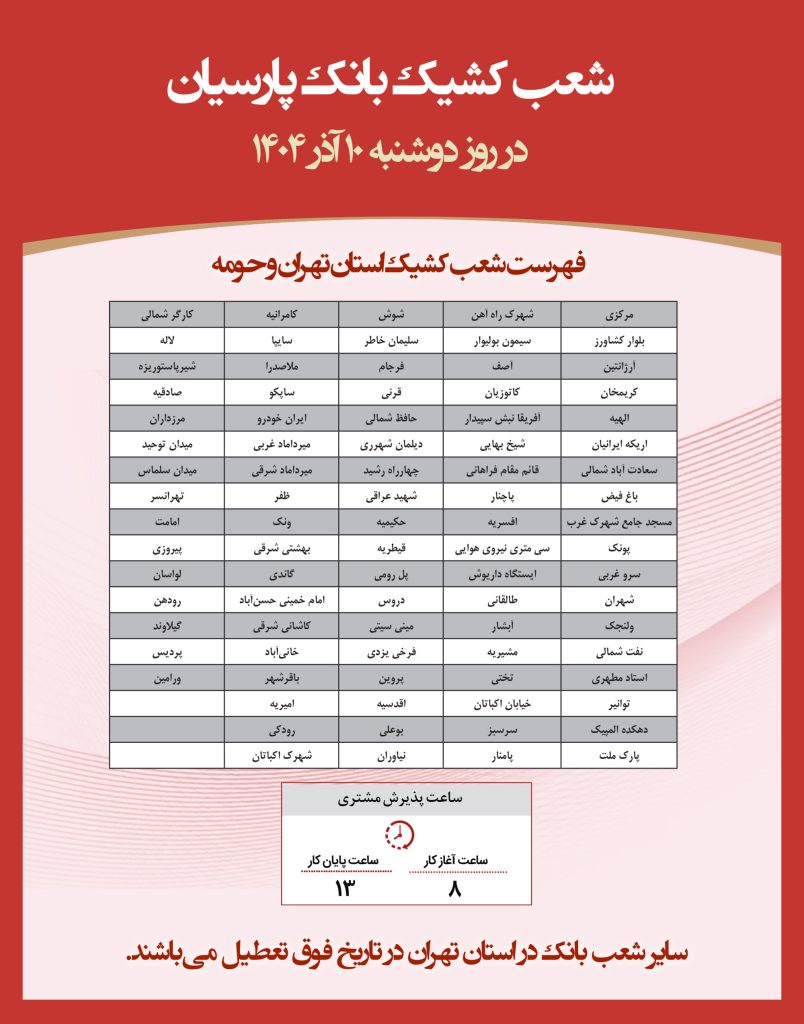 شعب کشیک بانک پارسیان امروز دوشنبه 10 آذر 1404