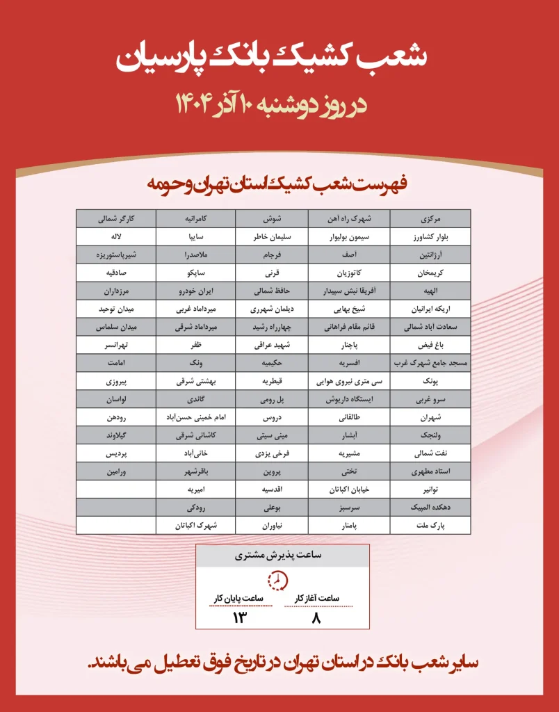 شعب کشیک بانک پارسیان امروز دوشنبه 10 آذر 1404