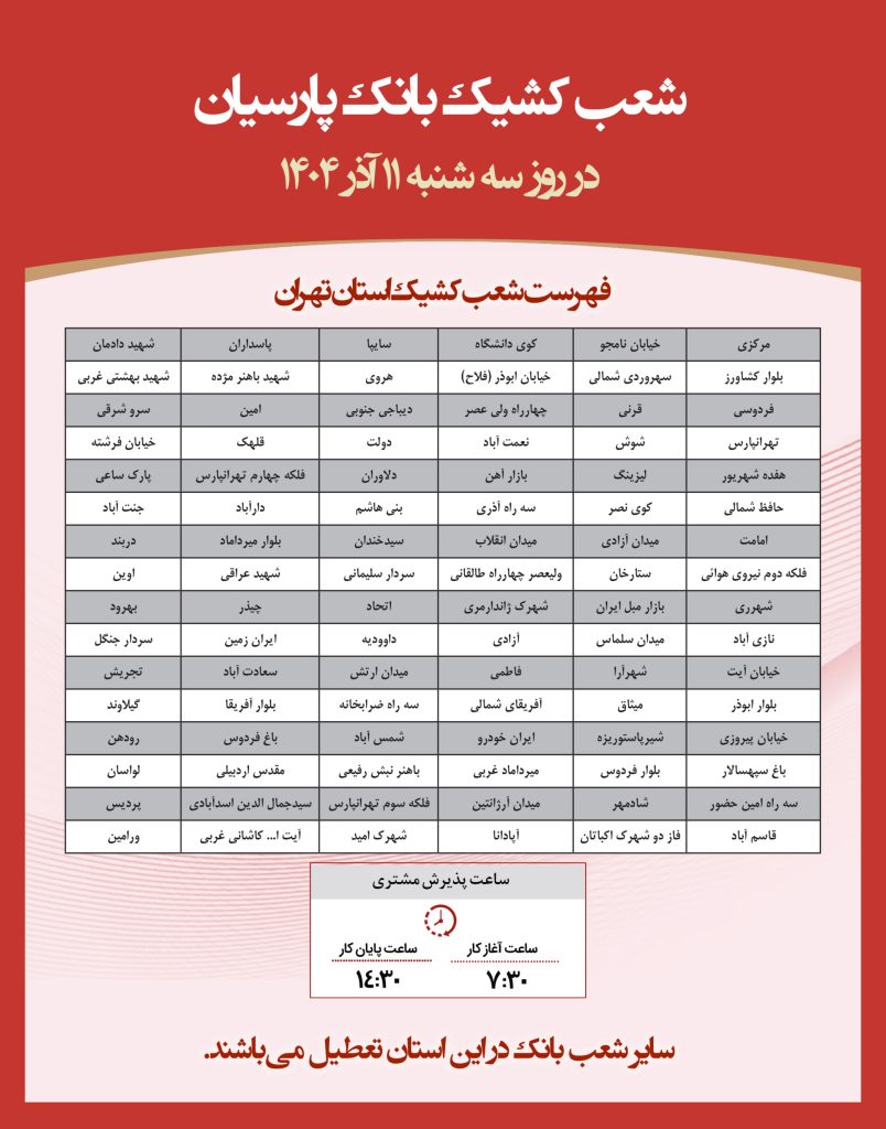 شعب کشیک بانک پارسیان امروز سه شنبه 11 آذر 1404