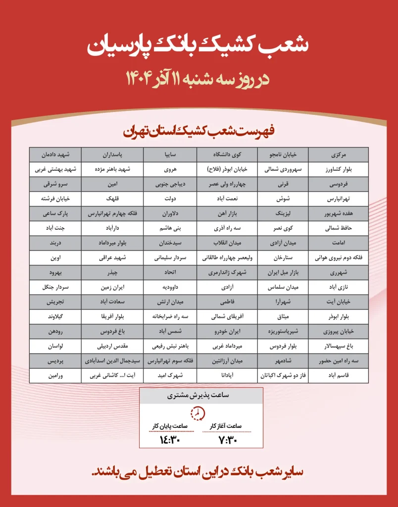شعب کشیک بانک پارسیان امروز سه شنبه 11 آذر 1404