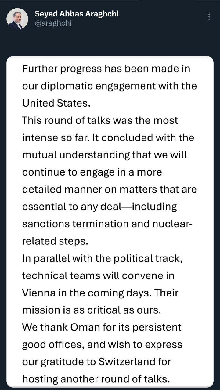 تازه ترین گزارش عراقچی از از دور سوم گفت‌وگوهای ایران و آمریکا