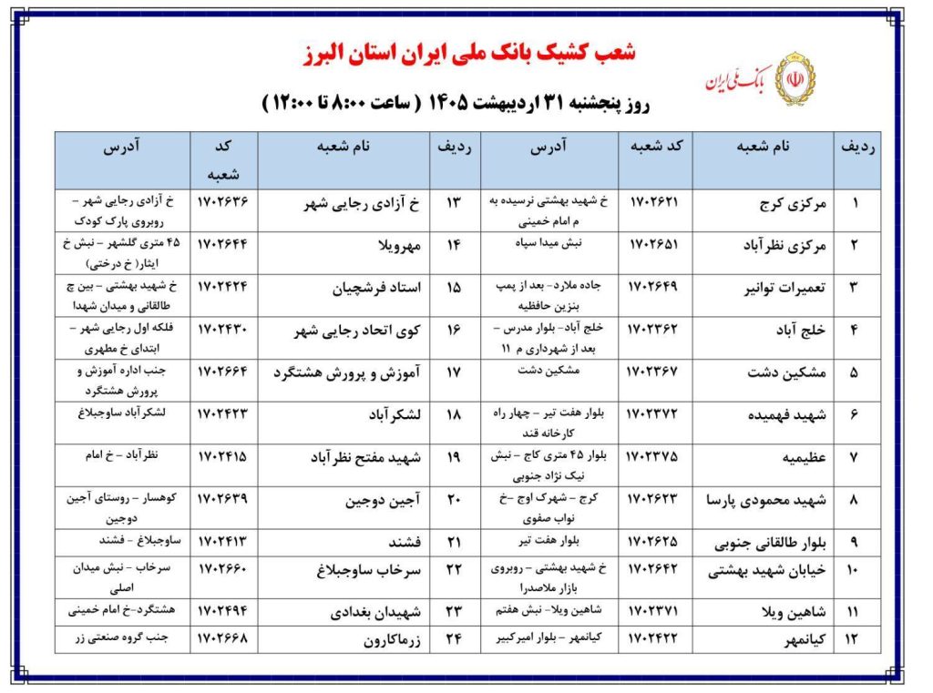 شعب کشیک بانک ملی امروز پنجشنبه 31 اردیبهشت 1405 شعب کشیک بانک ملی امروز پنجشنبه 31 اردیبهشت 1405