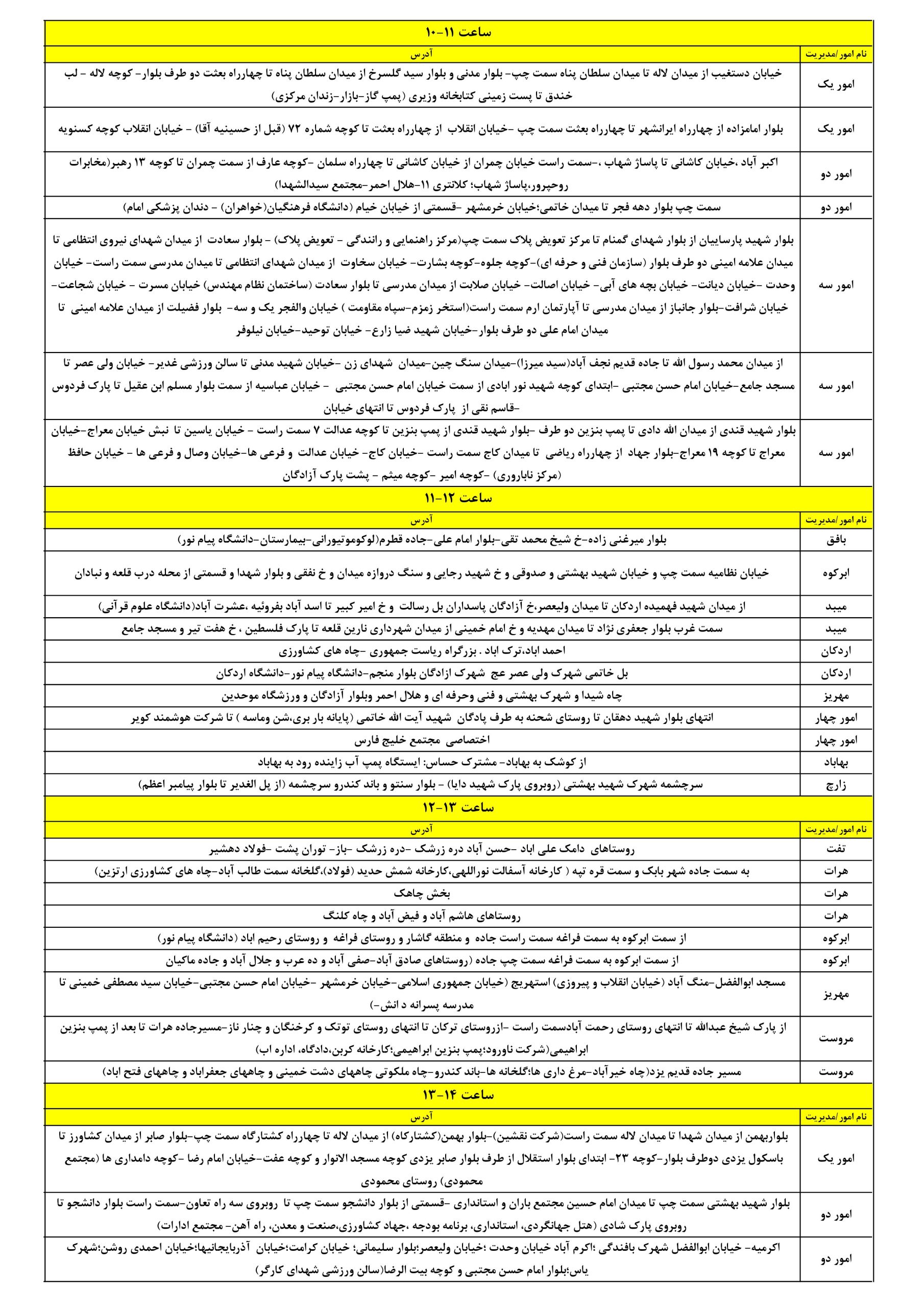 جدول قطعی برق یزد امروز سه شنبه 9 تیر 1405