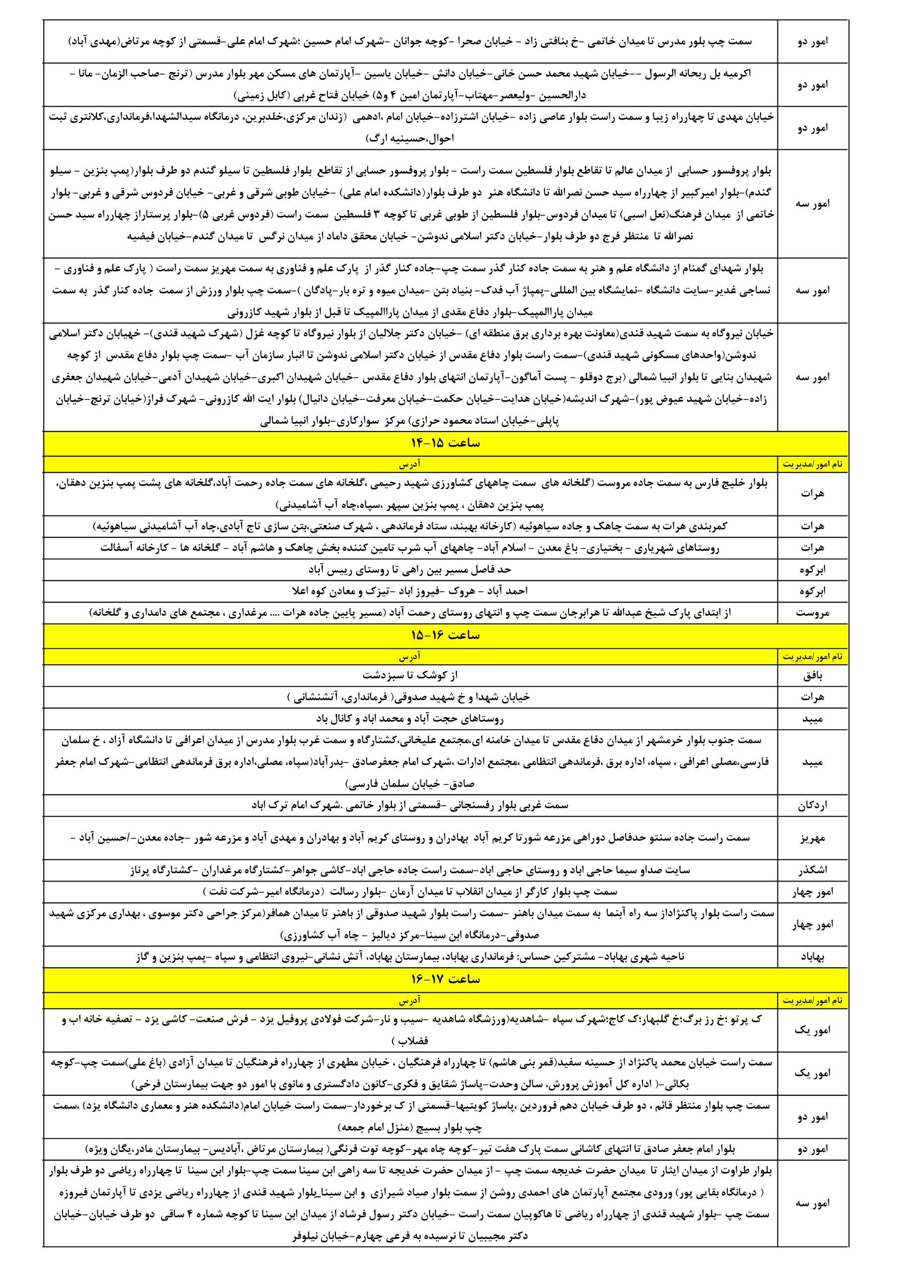 جدول قطعی برق یزد امروز سه شنبه 9 تیر 1405