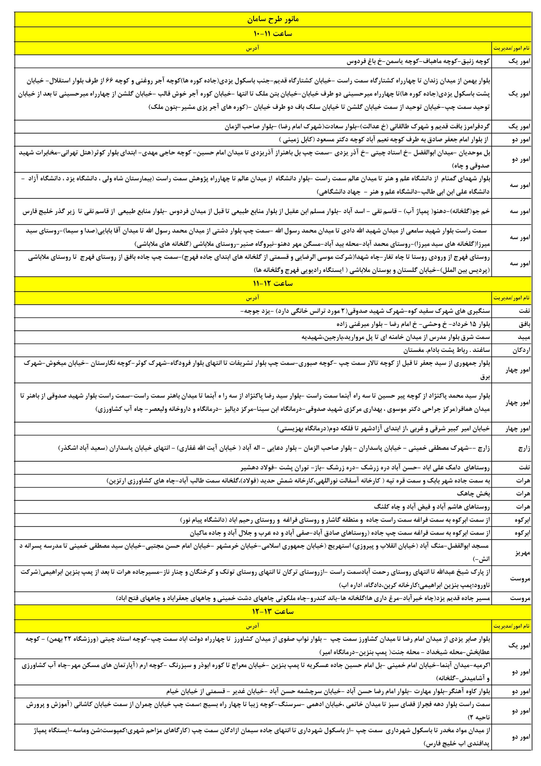 جدول قطعی برق یزد امروز یکشنبه 7 تیر 1405