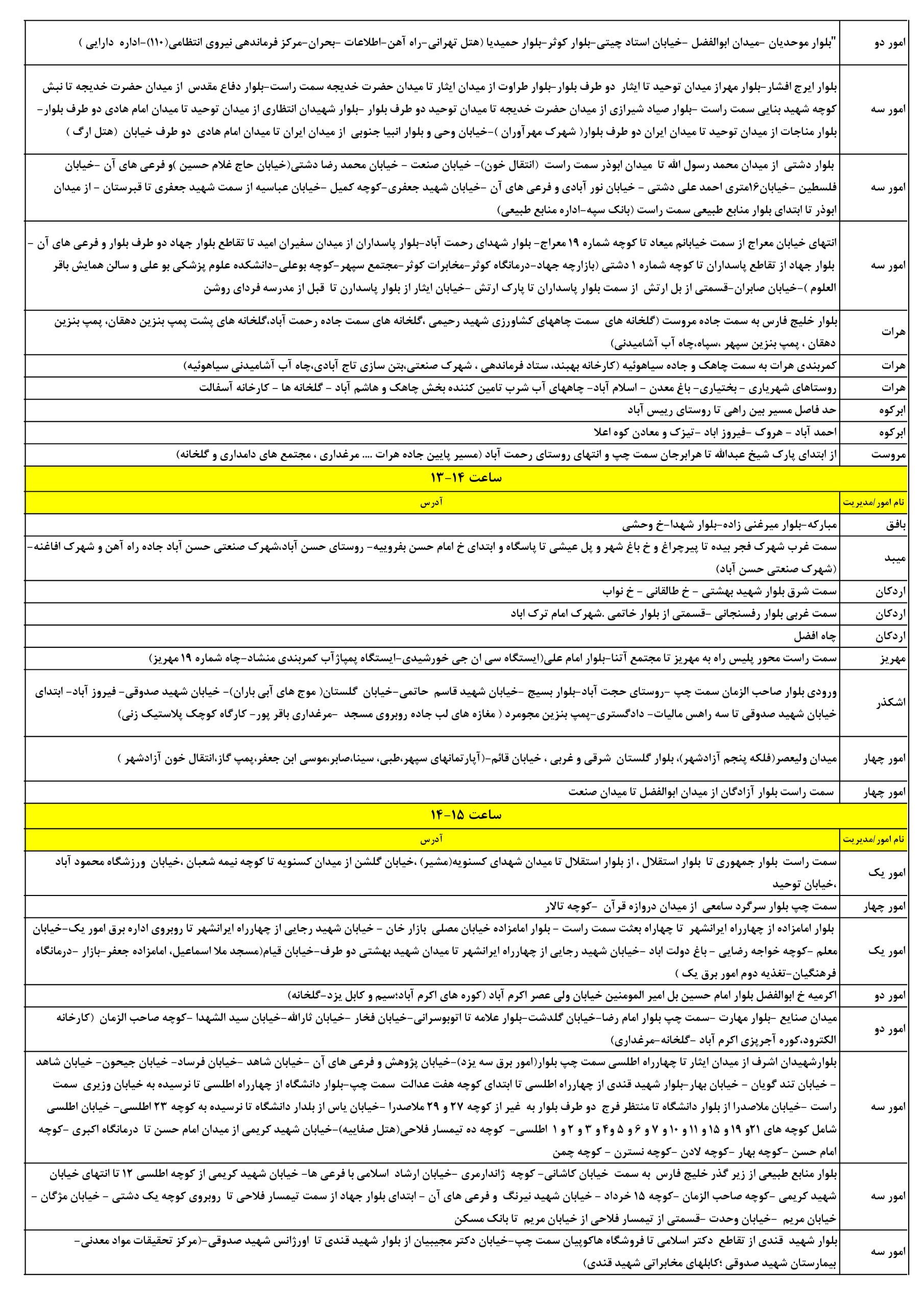 جدول قطعی برق یزد امروز یکشنبه 7 تیر 1405