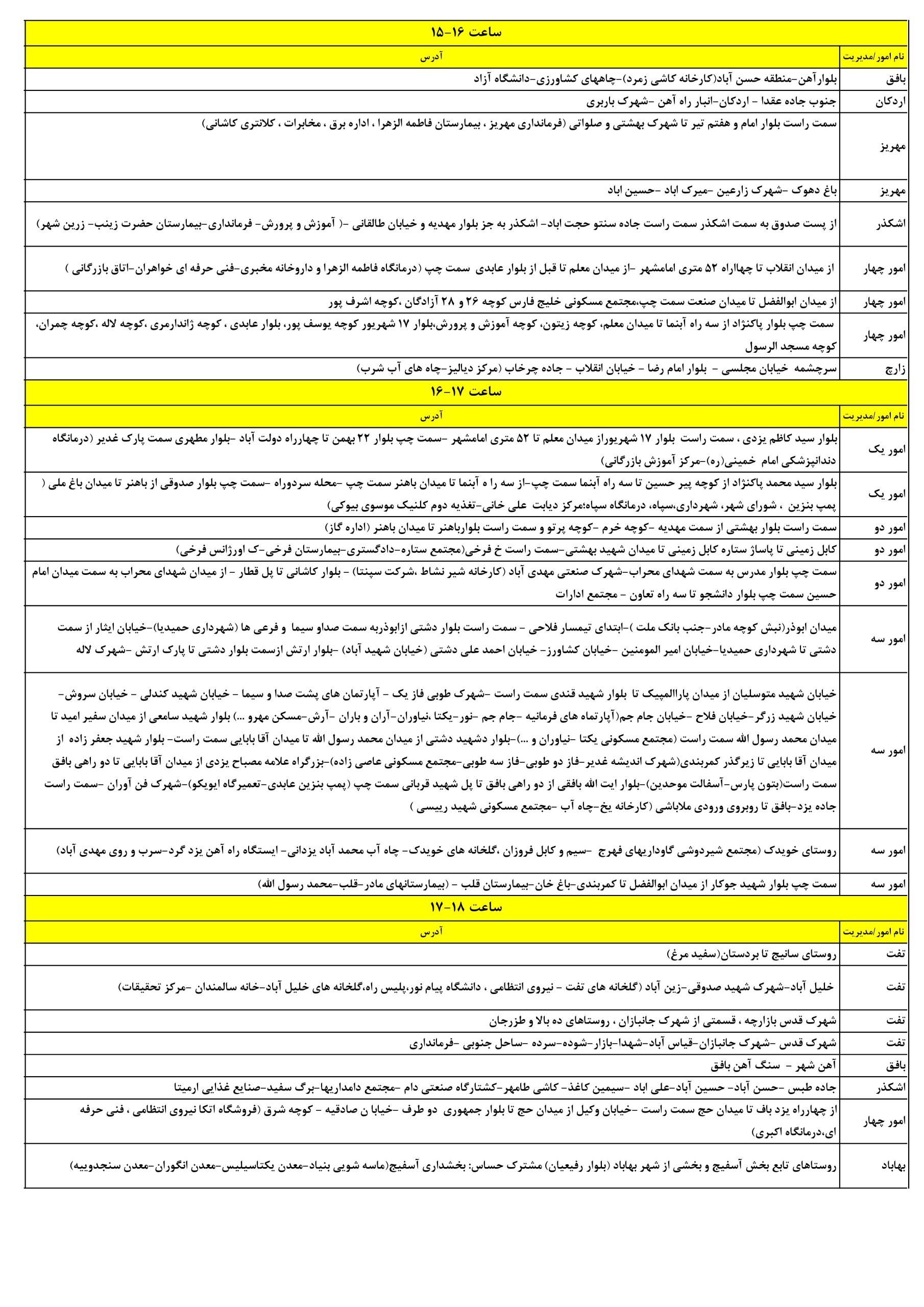 جدول قطعی برق یزد امروز یکشنبه 7 تیر 1405