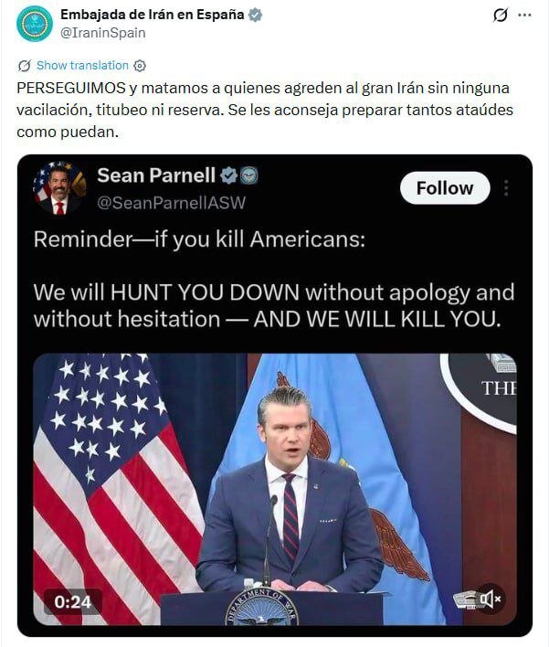 The Iranian embassy in Spain wrote to the United States: "Prepare as many coffins as you can."
