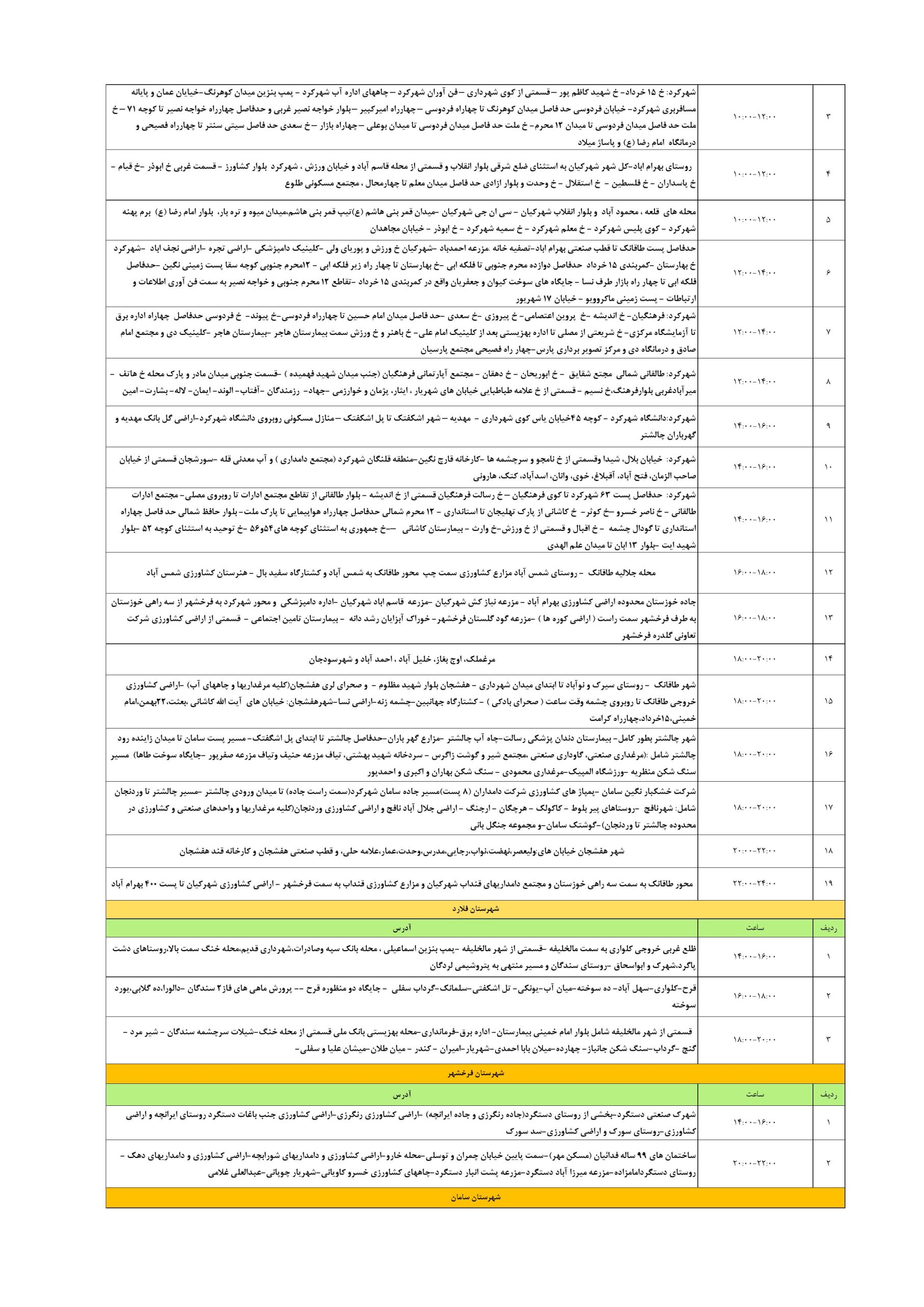 قطعی برق چهارمحال‌ و بختیاری‌ امروز چهارشنبه 24 تیر 1405