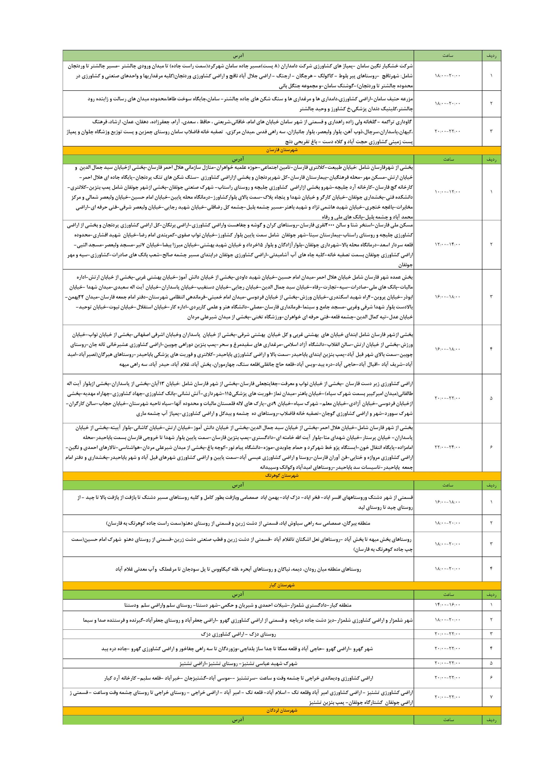 قطعی برق چهارمحال‌ و بختیاری‌ امروز چهارشنبه 24 تیر 1405