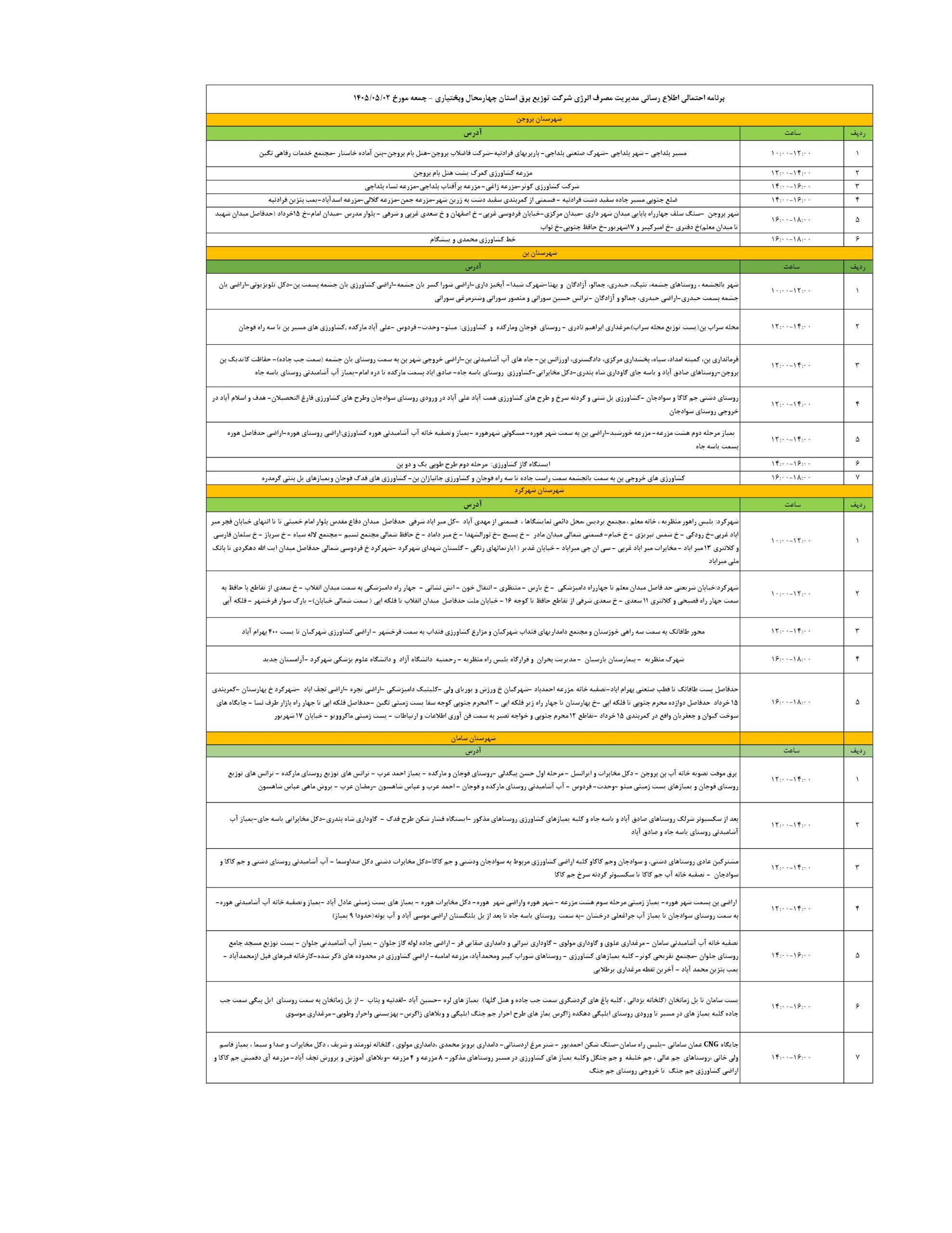 جدول قطعی برق شهرکرد امروز جمعه 2 مرداد 1405 | برنامه قطعی برق در چهارمحال و بختیاری امروز ۲ مرداد