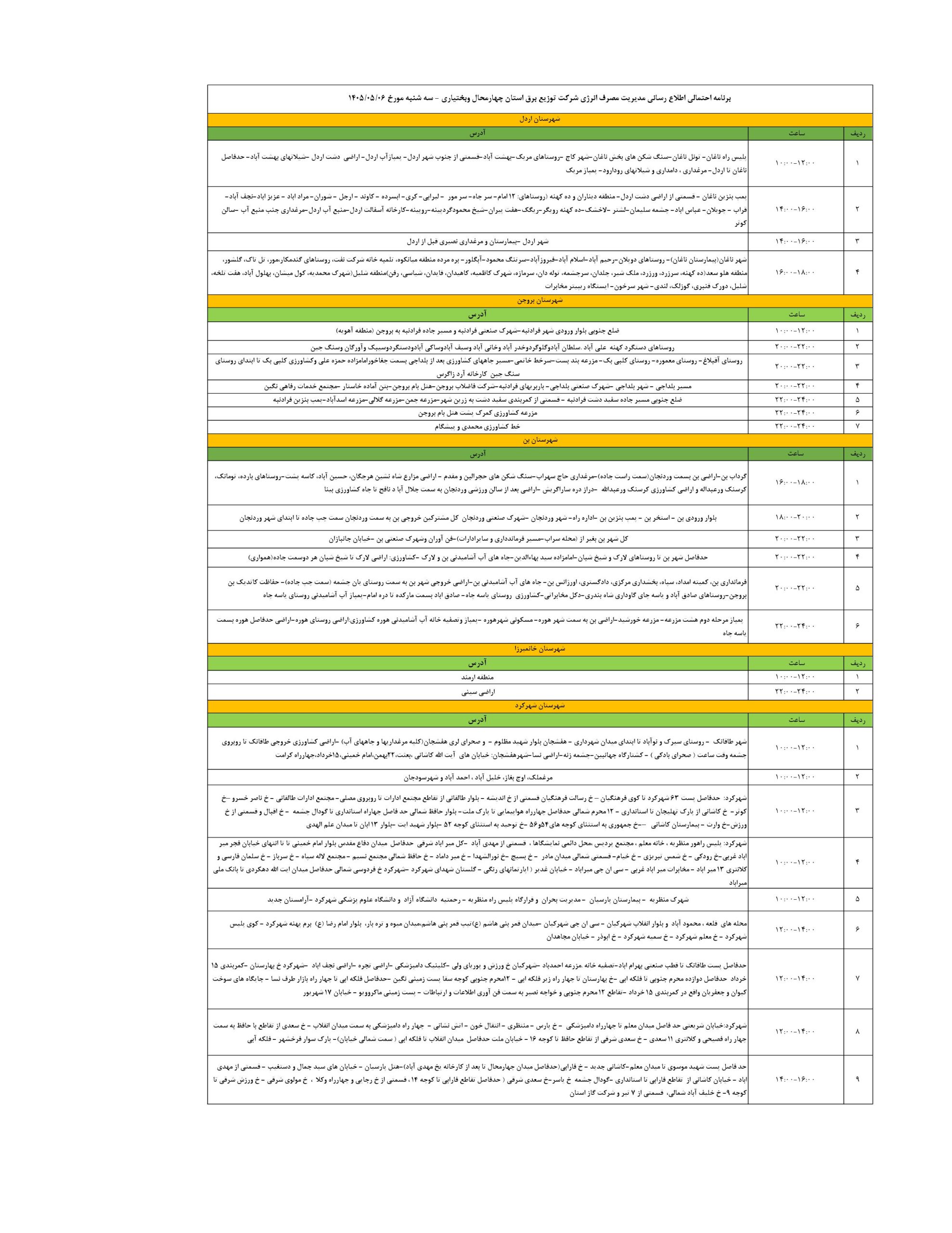 جدول قطعی برق شهرکرد امروز سه شنبه 6 مرداد 1405 | برنامه قطعی برق در چهارمحال و بختیاری امروز ۶ مرداد