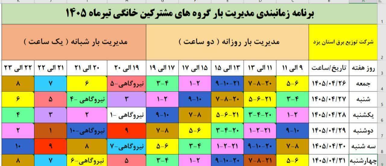 جدول قطعی برق یزد امروز جمعه 26 تیر 1405 جدول قطعی برق یزد امروز جمعه 26 تیر 1405
