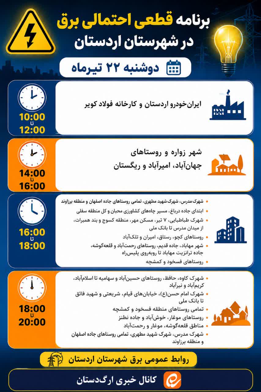 جدول قطعی برق اصفهان امروز دوشنبه 22 تیر 1405