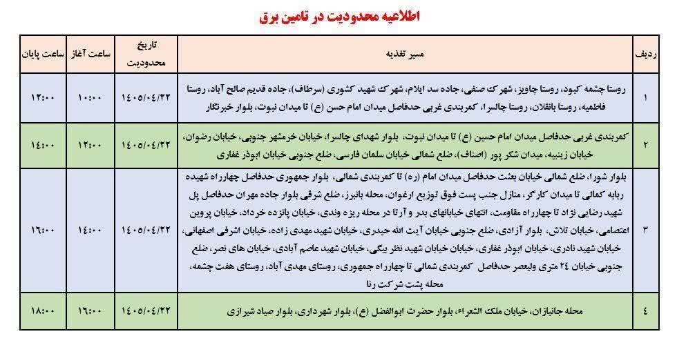 جدول قطعی برق ایلام امروز دوشنبه 22 تیر 1405